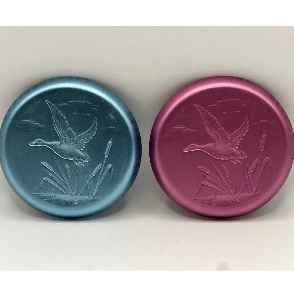 Stanhome Aluminum Duck Coaster Set of 2 Pink Blue 3 inches VTG Cottagecore